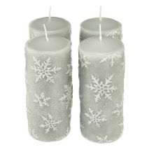 Artikel Stumpenkerzen Grau Kerzen Schneeflocken 150/65mm 4St