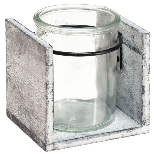 Teelichthalter aus Glas in rustikalem Holzrahmen – Grau-Weiß, 10x9x10 cm 3 Stück– Charmante Tischdekoration