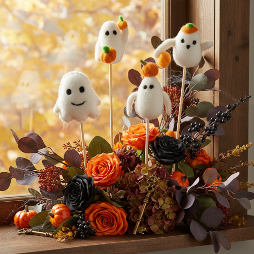 Artikel Geisterfiguren auf Holzstab 54 cm weiß-orange 8 Stück für Halloween-Dekoration
