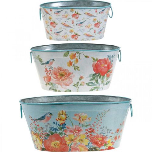 Artikel Pflanzschalen, Frühling, Pflanzkübel Blumen/Vögel, Metallgefäß oval L39/31/24,5cm 3er-Set