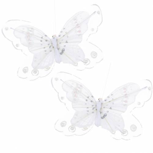 Feder Schmetterling auf Clip Weiß 10cm 12 St-67888