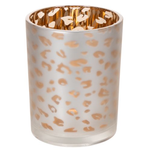 Artikel Teelichthalter Glas 12 cm mit Leopardenmuster Silber und Gold