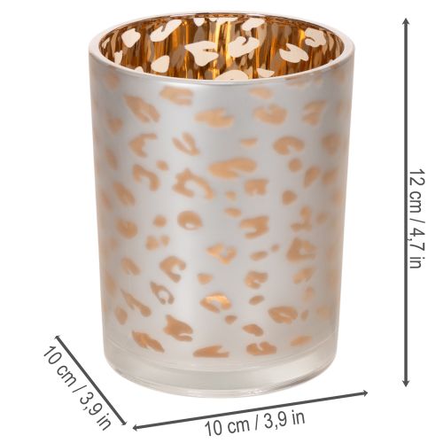 Artikel Teelichthalter Glas 12 cm mit Leopardenmuster Silber und Gold