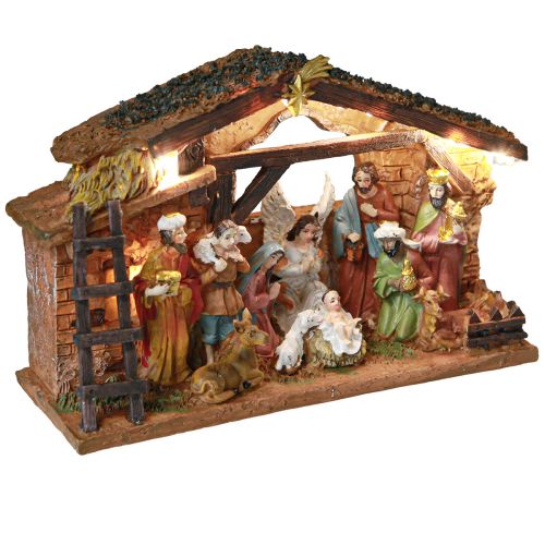 Floristik24 Weihnachtskrippe mit Figuren und LED Handbemalt 23×14cm