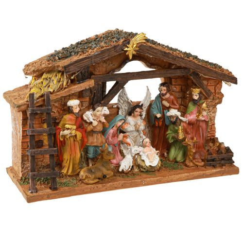 Artikel Weihnachtskrippe mit Figuren und LED Handbemalt 23×14cm