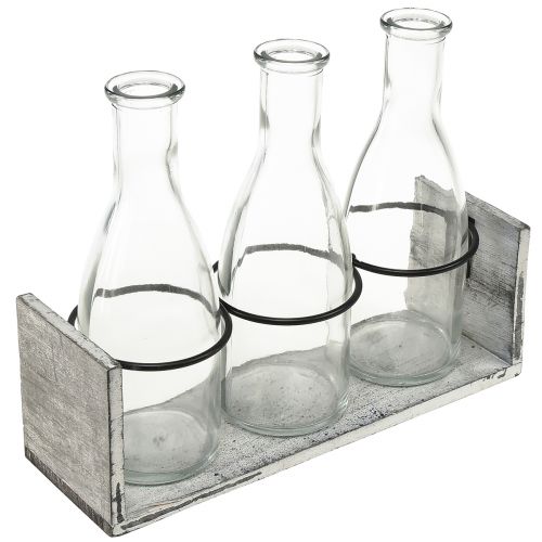 Rustikales Flaschenset in Holzträger – 3 Glasflaschen, Grau-Weiß, 24x8x20 cm – Vielseitig einsetzbar für Dekoration