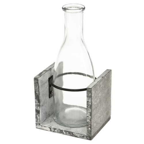 Glasvase im Grauen Holzständer, 9,5x8x20cm - Rustikale Dekoration mit 4 Flaschen