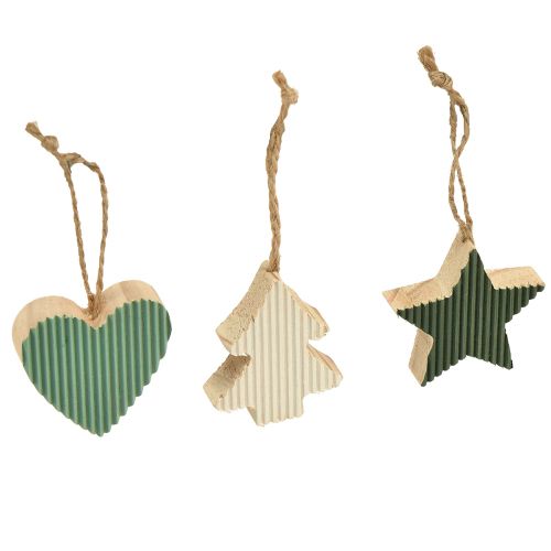 Weihnachtsbaum Holzanhänger Set, Herz-Baum-Stern, Mint-Grün-Weiß, 4,5 cm, 9 Stück - Weihnachtsdeko