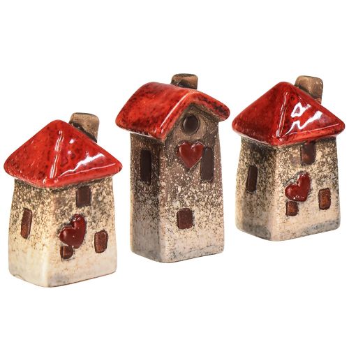 Keramik-Häuschen 6 Stück mit rotem Dach Fenster und Herz – 6 cm – Idyllische Dekoration für Heim und Garten