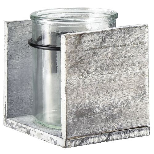Artikel Teelichthalter aus Glas in rustikalem Holzrahmen – Grau-Weiß, 10x9x10 cm 3 Stück– Charmante Tischdekoration