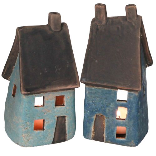 Windlichthaus Keramik Haus Blau Braun H15,5/17,5cm 2 St